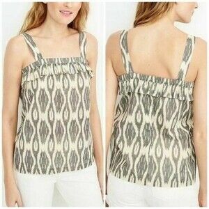 J. CREW Size 0 Beige Gray Ikat Ruffle Flounce Sleeveless Cotton Tank Top Blouse